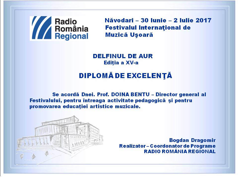 diploma de excelenta RRR - Doina Bentu - Delfinul de Aur 2017 (foto by Bogdan Dragomir)